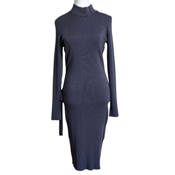NWOT MARCIANO MUTED BLUE RIBBED STRETCH KNIT LONG SLEEVE BODYCON MIDI DRESS - L - Picture 1 of 13